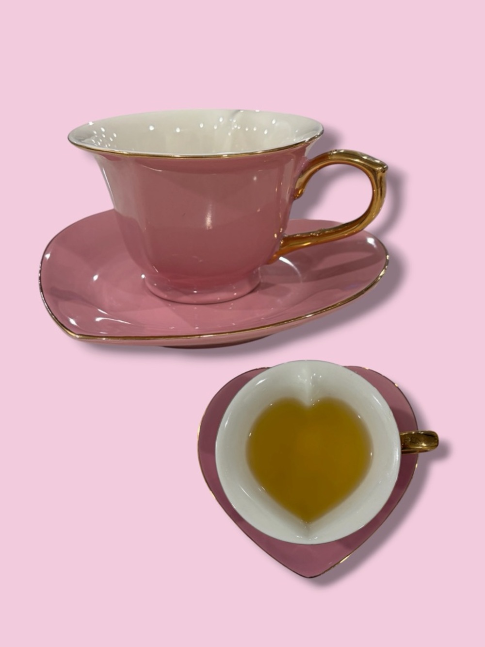 Heart-Shaped Teacup and Saucer Set in Pink with Gold Trim